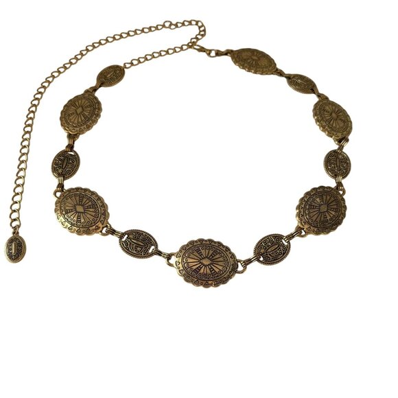 Vintage Oval Carved Concho Western Cowgirl Waist Chain Belt Womens Gold Ethnic - Picture 3 of 11